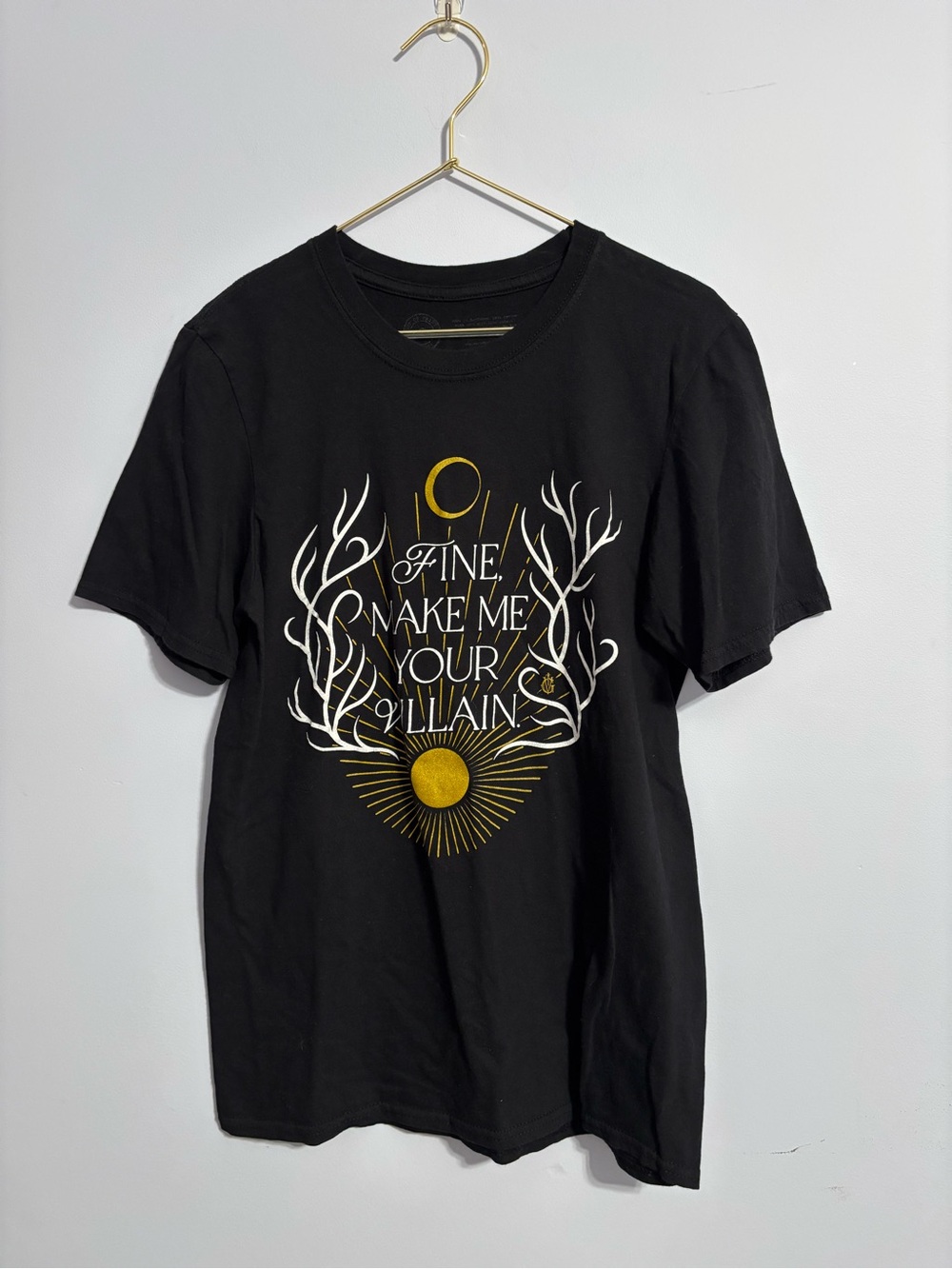 Black Graphic Tee with Gold & White Print - Make Me Your Villain